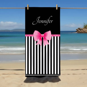 Cute Pink Ribbon Black & White Striped Beach Towel