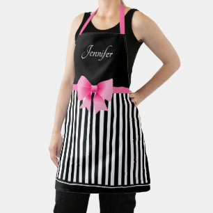 Cute Pink Ribbon Black White Stripes Pattern Apron