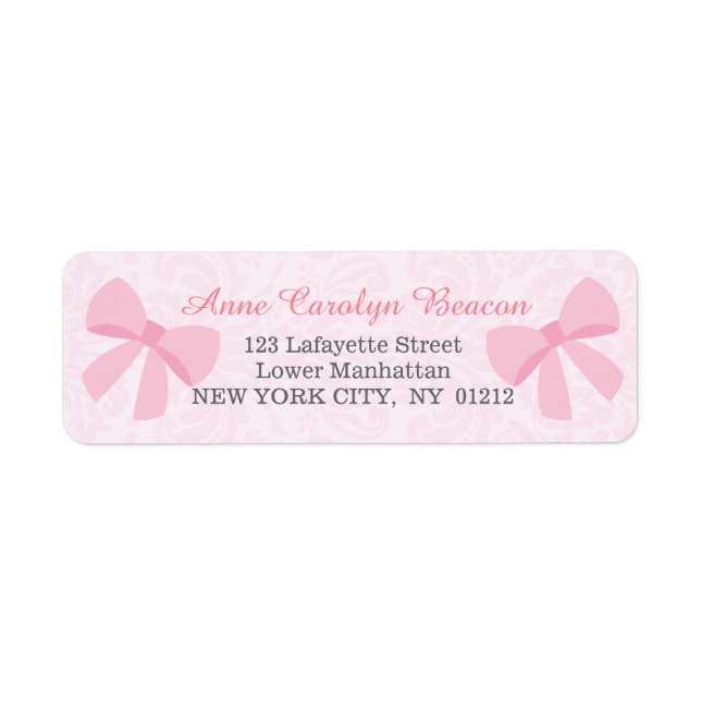 Cute Pink Ribbon Bow Damask Personalized Label (Front)