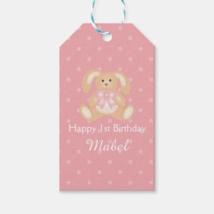 Cute Pink Ribbon Bunny Rabbit First Birthday Party Gift Tags