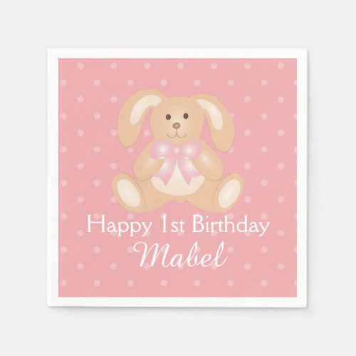 Cute Pink Ribbon Bunny Rabbit First Birthday Party Napkins