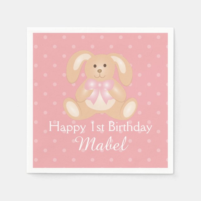 Cute Pink Ribbon Bunny Rabbit First Birthday Party Napkins (Front)