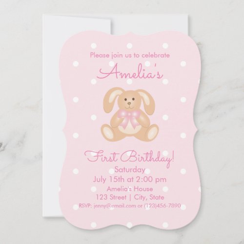 Cute Pink Ribbon Bunny Rabbit Kids First Birthday Invitation