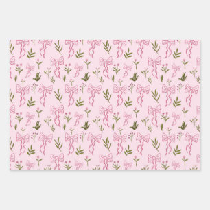 Cute Pink Ribbon Floral Seamless Pattern Wrapping Paper Sheets