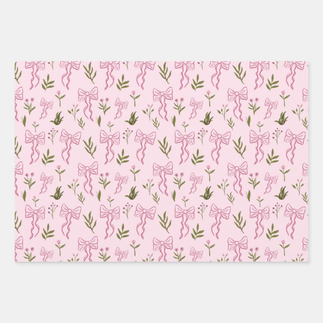Cute Pink Ribbon Floral Seamless Pattern Wrapping Paper Sheets (Front)