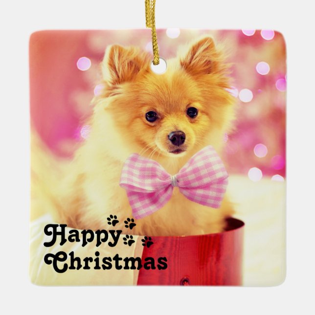 Cute Pink Ribbon Puppy&Happy Christmas Unique Ceramic Ornament (Front)