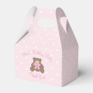 Cute Pink Ribbon Teddy Bear Girl Birthday Party Favor Boxes