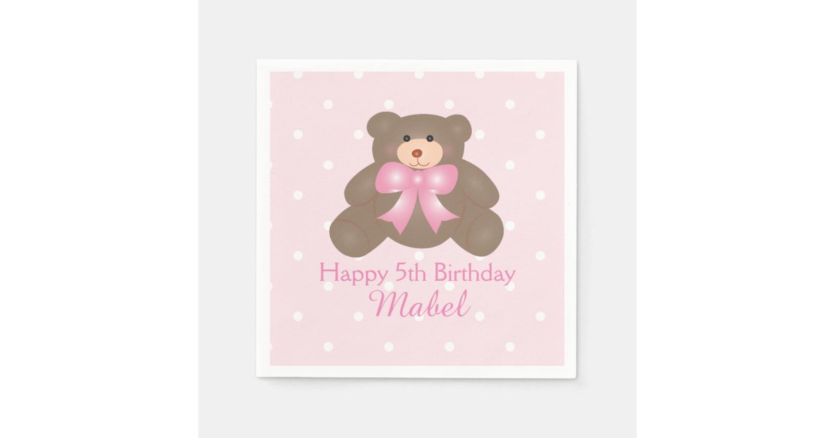 Cute Pink Ribbon Teddy Bear Girl Birthday Party Paper Napkins | Zazzle