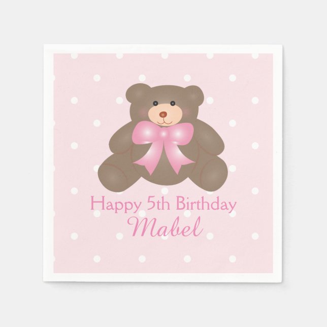 Cute Pink Ribbon Teddy Bear Girl Birthday Party Paper Napkins (Front)