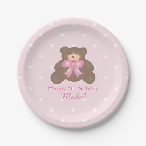 Cute Pink Ribbon Teddy Bear Girl Birthday Party Paper Plates