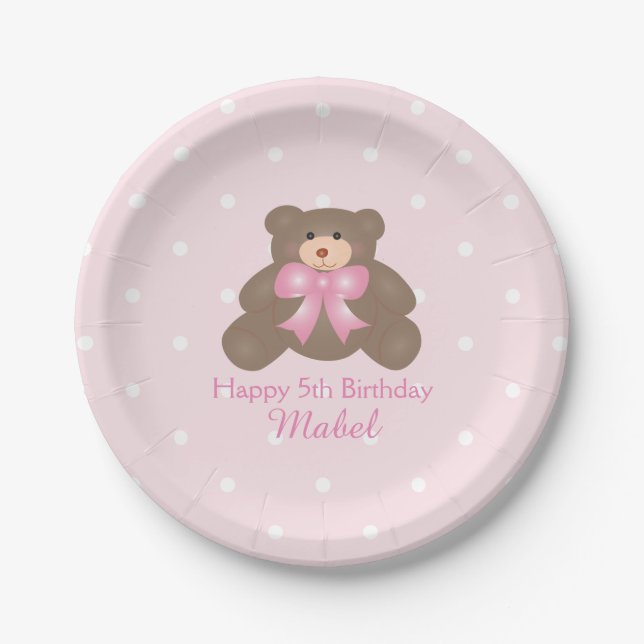 Cute Pink Ribbon Teddy Bear Girl Birthday Party Paper Plates (Front)