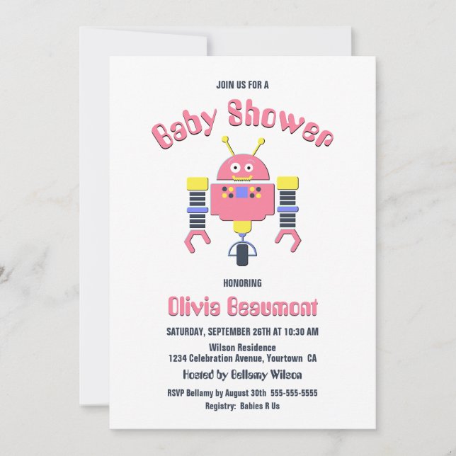 Cute Pink Robot Baby Shower Invitation (Front)