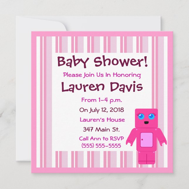 Cute Pink Robot Baby Shower Invitations (Front)