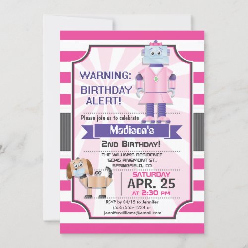 Cute Pink Robot Girls Birthday Party Invitation