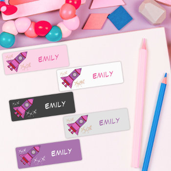 Cute Pink Rocket Ships Girl Labels With Name by OneLook at Zazzle