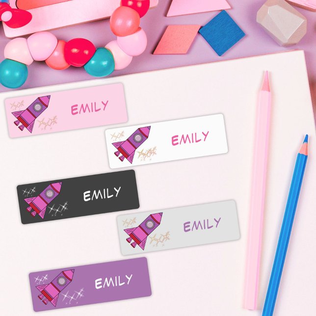 Cute Pink Rocket Ships Girl Labels with Name (Creator Uploaded)
