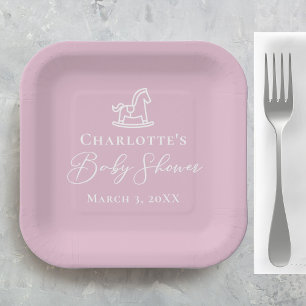 Cute Pink Rocking Horse Baby Shower Custom Paper Plates