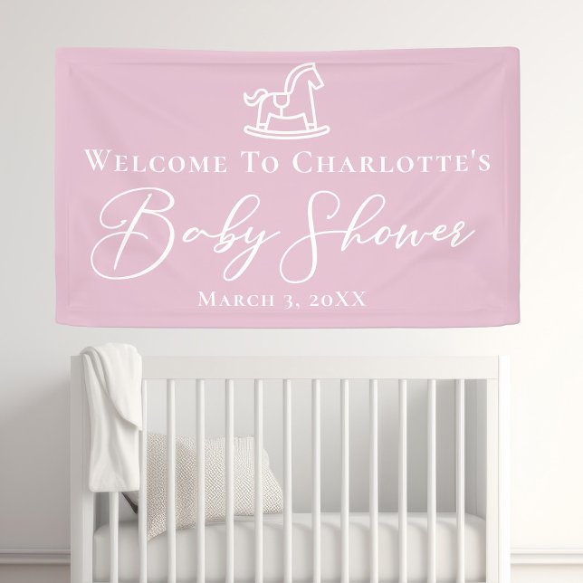 Cute Pink Rocking Horse Baby Shower Party Custom Banner (Creator Uploaded)