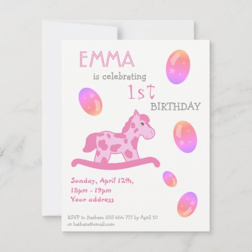 Cute Pink Rocking Horse Balloon 1st Birthday  Invitation - Cute Pink Rocking Horse Balloon 1st Birthday Invitation. A cute pink rocking horse and balloons for a real party. Pink balloons and the horse make this great as a party invite for a girl birthday and her friends. Great for 1st and 2nd birthday.