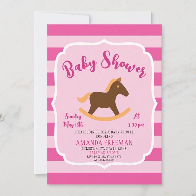 Cute Pink Rocking Horse Girl Baby Shower Invitation (Front)