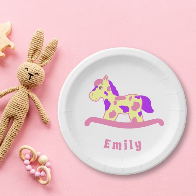 Cute Pink Rocking Horse Girly Birthday Party Paper Plates (Creator Uploaded)
