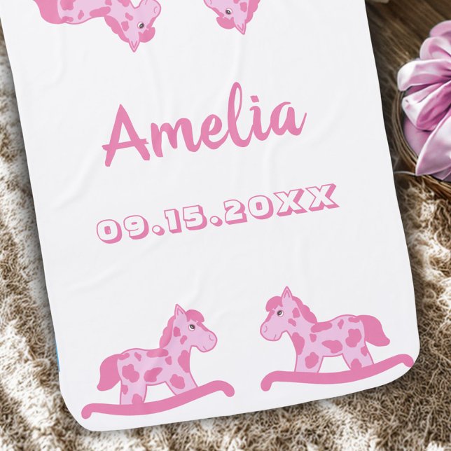 Cute Pink Rocking Horse Name and Birth Date Baby Blanket (Creator Uploaded)