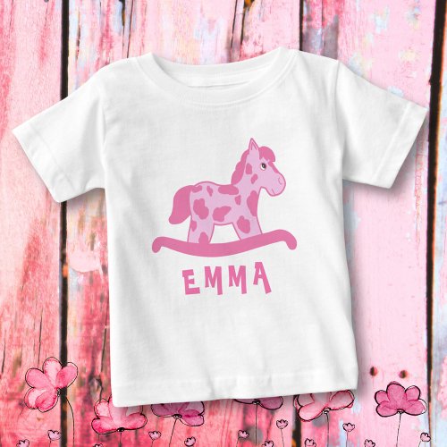 Cute Pink Rocking Horse Name Baby Girl Baby T_Shirt