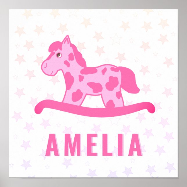 Cute Pink Rocking Horse Star Kids Name Poster (Front)