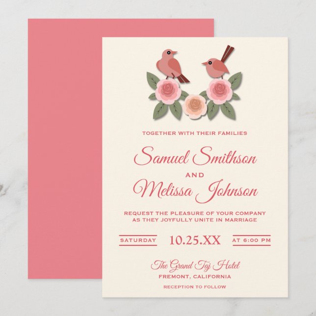 Cute Pink Romantic Birds Floral Wedding Invitation (Front/Back)