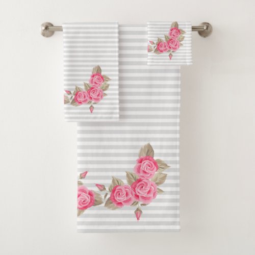 Cute Pink Rose Bud White  Grey Stripes Bath Towel Set