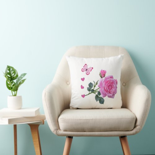 Cute Pink Rose Butterfly Hearts Throw Pillow