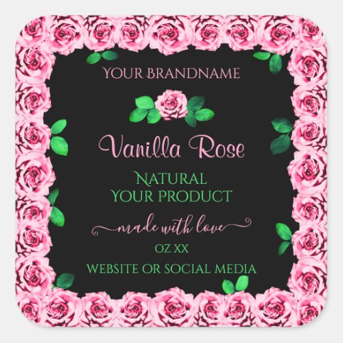 Cute Pink Rose Frame Elegant Black Product Labels
