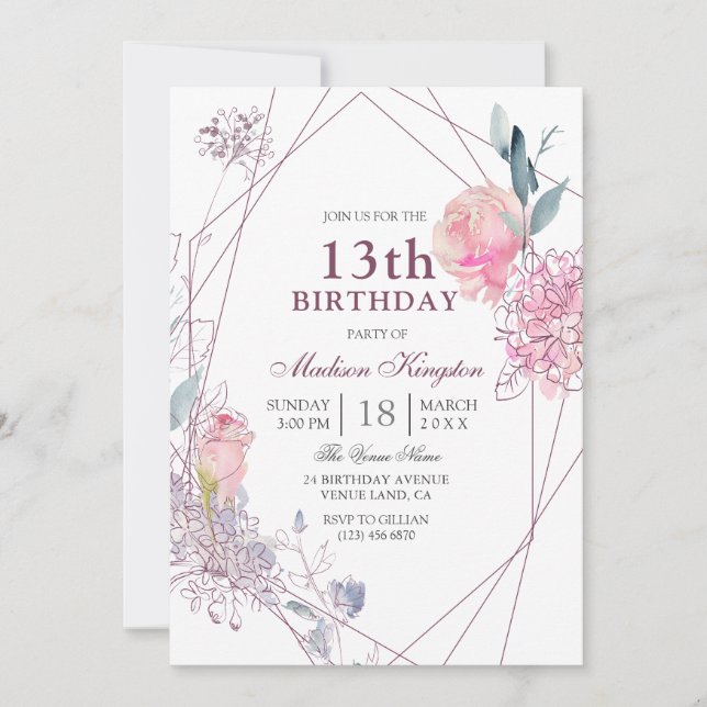 Cute Pink Rose Geometric Girls 13th Birthday Party Invitation (Front)