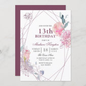 Cute Pink Rose Geometric Girls 13th Birthday Party Invitation (Front/Back)