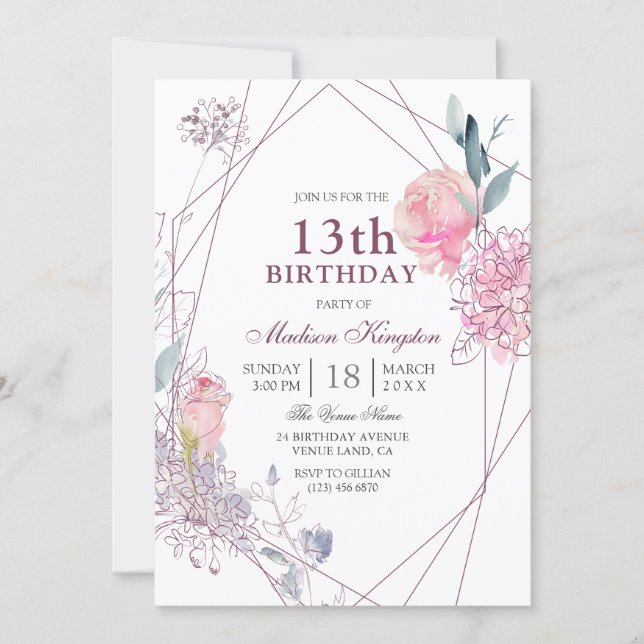 Cute Pink Rose Geometric Girls 13th Birthday Party Invitation (Front)