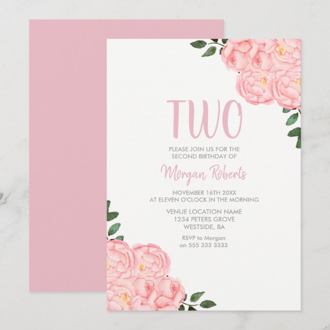 Cute Pink Rose Girls 2nd Birthday Party Invite (Front/Back)