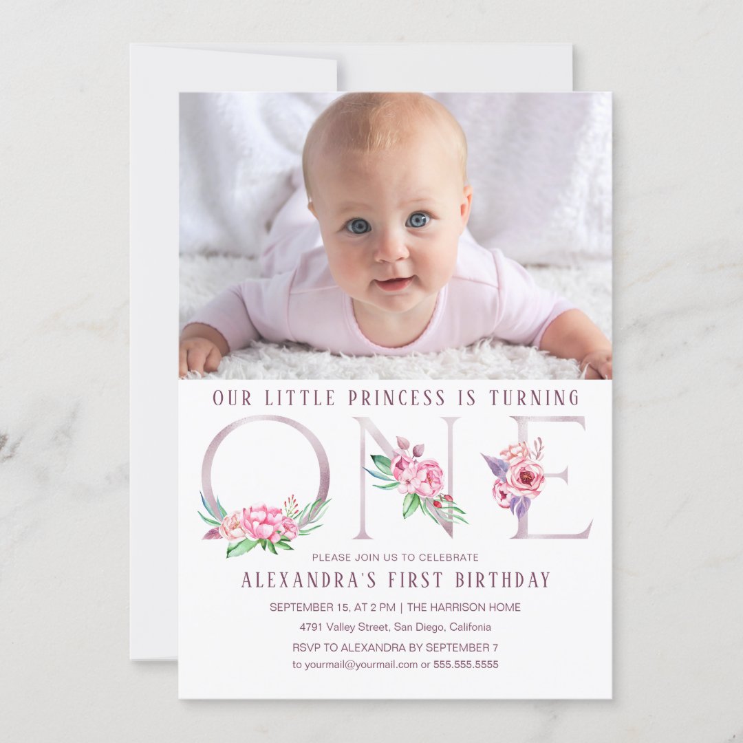 Cute Pink Rose Gold Floral First Birthday Photo Invitation | Zazzle