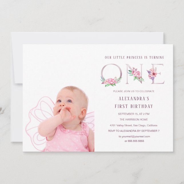 Cute Pink Rose Gold Floral First Birthday Photo Invitation (Front)