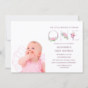 Cute Pink Rose Gold Floral First Birthday Photo Invitation