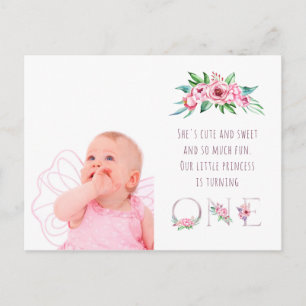 Cute Pink Rose Gold Floral First Birthday Photo Invitation Postcard