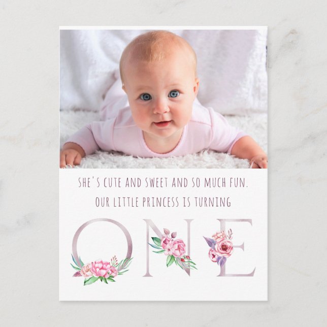 Cute Pink Rose Gold Floral First Birthday Photo Invitation Postcard (Front)