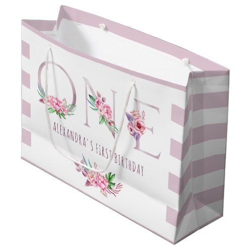 Cute Pink Rose Gold Floral Striped First Birthday Large Gift Bag