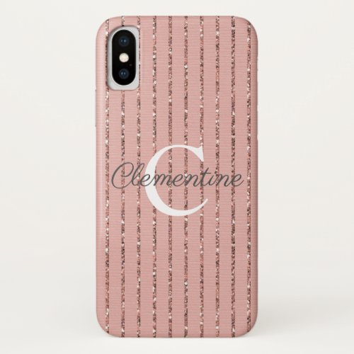 Cute Pink Rose Gold Glitter Stripes Monogram iPhone XS Case