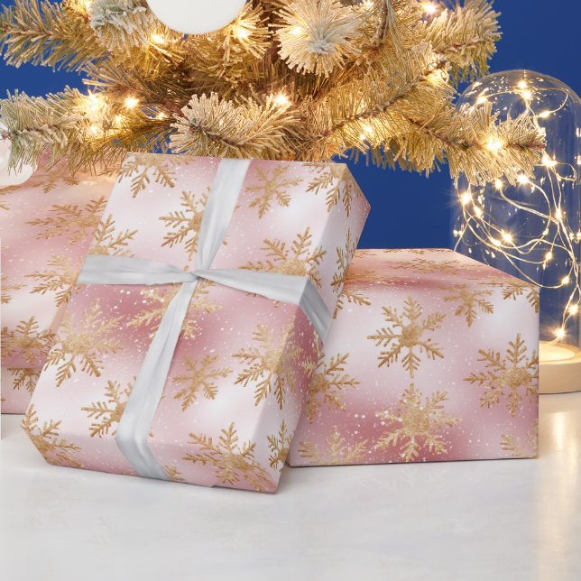 Cute Pink Rose Gold Snowflake Festive Pattern Wrapping Paper (Holidays)