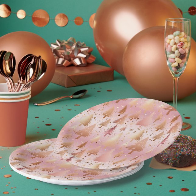Cute Pink Rose Gold Trees Festive Pattern Paper Plates (Multi)