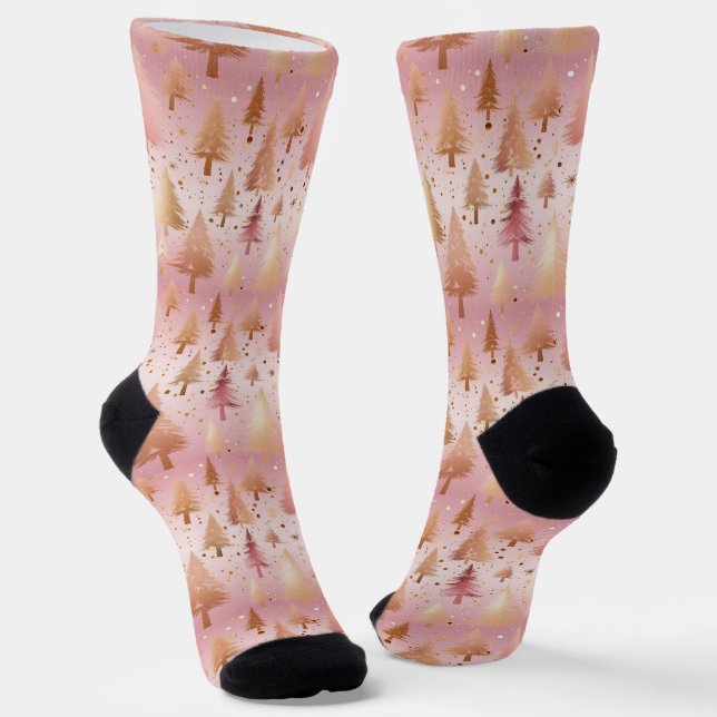 Cute Pink Rose Gold Trees Festive Pattern Socks (Angled)