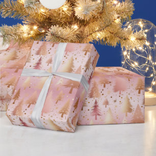 Cute Pink Rose Gold Trees Festive Pattern Wrapping Paper
