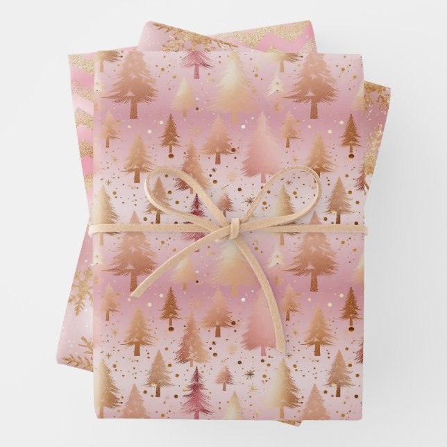 Cute Pink Rose Gold Trees Festive Pattern Wrapping Paper Sheets (In situ)