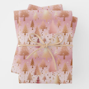 Cute Pink Rose Gold Trees Festive Pattern Wrapping Paper Sheets