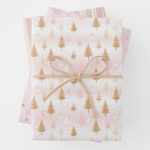 Cute Pink Rose Gold Trees Festive Pattern Wrapping Paper Sheets